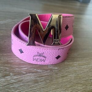 MCM Pink Leather Belt with Gold 'M' Buckle